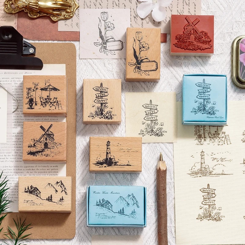 빈티지 스타일의 나무 재질 고무 스탬프, 복고풍 풍경, - Scrapbooking 리뷰 및 가격